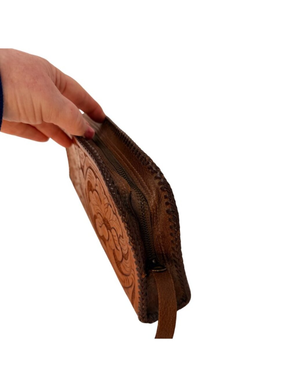 Vintage Tooled Leather Clutch Floral Brown Zipper Pouch 12 Inch Boho Western 197 - Picture 5 of 10